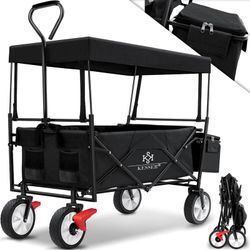 Bollerwagen faltbar mit Dach Handwagen Transportkarre Gerätewagen inkl. 2 Netztaschen und Einer Außentasche klappbar Vollgummi-Reifen Schwarz - Kesser