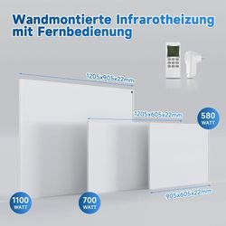 Heizpaneel infrarot Infrarotheizung elektrisch Wandheizung Elektroheizung Carbon Crystal IP54 1205x905x22mm 1100W weiß+Thermostat Überhitzungsschutz