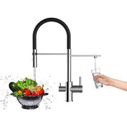 Vizio - 3 Wege Wasserhahn Kueche Spueltischarmatur Verchromt Kuechenarmatur mit Schwarz 360 schwenkbarem Auslauf und abnehmbare 2 strahl Handbrause