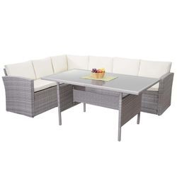 Poly-Rattan-Garnitur MCW-A29, Gartengarnitur Sitzgruppe Lounge-Esstisch-Set Sofa ~ hellgrau, Kissen creme