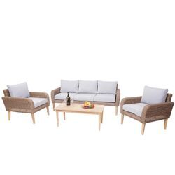 Garnitur MCW-H57, Garten-/Lounge-Set Sofa Sitzgruppe, rundes Poly-Rattan Alu + Akazie Spun Poly MVG ~ Kissen hellgrau