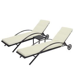 2er-Set Sonnenliege MCW-E27, Relaxliege Gartenliege, Poly-Rattan ~ schwarz, Kissen creme-beige