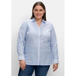 Bluse im Streifen-Mix, mit Brusttasche, mittelblau gestreift, Gr.58