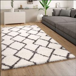 Paco Home - Hochflor Teppich Wohnzimmer Shaggy Langflor Modernes Skandi Muster Grau Creme 160x230 cm