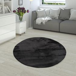 Paco Home - Hochflor Teppich Wohnzimmer Super Softes Kaninchenfell Imitat Kunstfell Schwarz ø 200 cm Rund