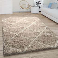 Paco Home - Hochflor Teppich Wohnzimmer Shaggy Skandinavisches Rauten Muster Modern In Beige ø 120 cm Rund