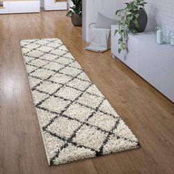 Hochflor Teppich Läufer Flur Schlafzimmer Shaggy Modern Skandi Rautenmuster 80x150 cm, Creme - Paco Home