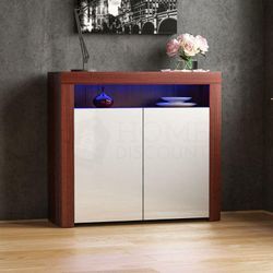 Nova led Sideboard 2-türig Modern Hochglanz Aufbewahrungsschrank Schrank, Walnuss-&-Weiß