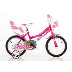 Dino Kinderfahrrad Mädchenfahrrad 16 Zoll, 1 Gang, mit Stützrädern, Korb und Puppensitz, rosa