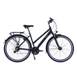 HAWK Trekking Premium Fahrrad, Black Damen 28 Zoll, Rahmenhöhe 48cm – Fahrrad mit Microshift 24 Gang Kettenschaltung & Beleuchtung I Allrounder I Schwarz