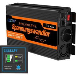 EDECOA Wechselrichter 12v auf 230v Reiner Sinus 1000w Wohnwagen Spannungswandler 2X USB und Fernbedienung KFZ Stromwandler Inverter 12v 220v Umrichter