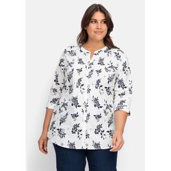 Bluse mit Biesen und Blumenprint, weiß-nachtblau, Gr.48