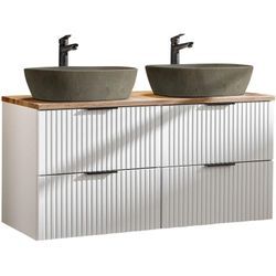 Lomadox - Badmöbel Waschtisch Unterschrank Set 120 cm matt weiß mit Wotaneiche, 2 Softclose Schubkästen, 2 Keramik-Waschbecken Betonoptik