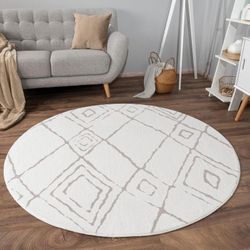 Paco Home - Teppich Wohnzimmer Rund Kurzflor Boho Skandinavisches Rauten Muster Geometrisch 160 cm Rund, Creme