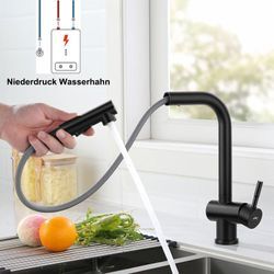 Auralum - Schwarz Niederdruck Küchenarmatur, ausziehbar Wasserhahn Küche, Einhebelmischer 360° Drehbar, Spültischarmatur Küche aus Edelstahl