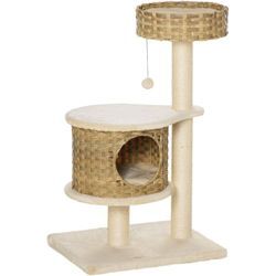 Pawhut - Kratzbaum Rattan 95 cm Höhe 3-Stufiger Katzenbaum mit Platform, Katzenbett, Kletterbaum mit Katzenhöhle Sisalstämmen Spielbälle Katzenmöbel