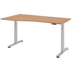 HAMMERBACHER VXDSM18 elektrisch höhenverstellbarer Schreibtisch nussbaum Trapezform, T-Fuß-Gestell silber 180,0 x 100,0 cm