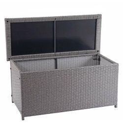 Neuwertig] Poly-Rattan Kissenbox HHG 570, Gartentruhe Auflagenbox Truhe Basic grau, 63x135x52cm 320l