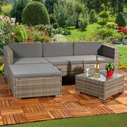 Gartengarnitur Sitzgruppe Lounge Garten Ecksofa Tisch Rattanmöbel grau 5tlg.