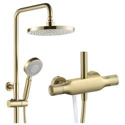 Duschsystem mit Armatur Gebürstetes Gold Duschset Regendusche Wandmontage Duscharmatur Set Höhenverstellbar Regendusche Set mit 23CM Kopfbrause, 3