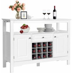 Sideboard mit Weinregal, Küchenschrank mit Offenem Regal, 1 Schublade & 2 Türen, Beistellschrank für Wohnzimmer, Küche & Esszimmer, Weiss - Goplus