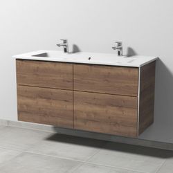 Sanipa 3way Keramik-Set Venticello Keramik-Doppelwaschtisch und Unterbau mit 4 Auszügen, Eiche-Tabak BR32950