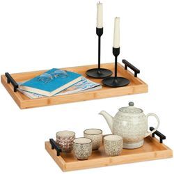 Tablett 2er Set Bambus, hbt: 7x50x30 cm & 7x43x26 cm, Serviertablett, Griffe, hoher Rand, Küchentablett, natur - Relaxdays