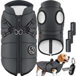 LOVPET® Hundejacke Hundemantel mit Geschirr, inkl. 45 Stück Kotbeutel + Spender, Hunde Winterweste gefüttert wasserdicht, Gepolsterte Weste Mit Brustgurt, Reflektoren, D-Ring