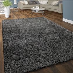 Paco Home - Hochflor Teppich Wohnzimmer Shaggy Langflor Weich Einfarbiges Muster Dunkel-Grau 80x150 cm