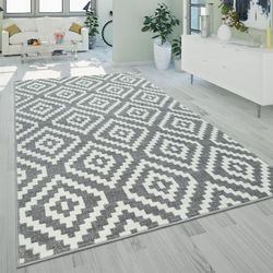 Paco Home - Teppich Wohnzimmer Kurzflor Weich Ethno Boho Muster Modern Grau Weiß 70x250 cm