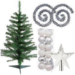 Wellhome - Weihnachtsdeko-Paket: Grüner Tannenbaum 100 cm mit Sockel + 12 Weihnachtskugeln 40 mm. Assorted Design + 2 silberne Lametta-Girlanden 2 m