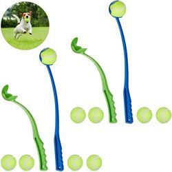 4 x Ballschleuder für Hunde, Ballwerfer Set, inklusive 10 Tennisbälle, Ballwurfarm, Hundespielzeug Werfer, blau/grün