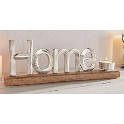 Schriftzug 'Home' aus Metall in Antik Optik und Holz mit Teelichthalter, Tischdeko