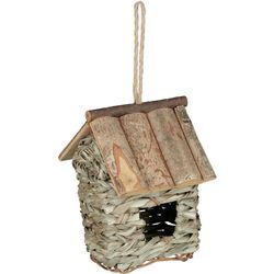 Vogelhaus zur Dekoration, aus Holz, Rinde u. Stroh, zum Aufhängen, Balkon & Garten, hbt: 20x13,5x16cm, natur - Relaxdays