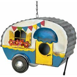 Dandibo - Vogelhaus zum Aufhängen Metall Deko Wohnwagen Wetterfest 96254 Nistkasten Futterstation für Vögel Shabby mit Kette Caravan Camper Balkon