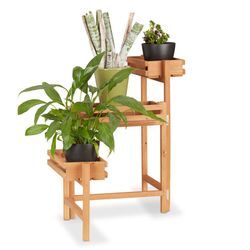 Blumentreppe 3-stöckig, Blumenetagere, beweglich, für Kräuter, Blumentöpfe, Holz Pflanzregal 57 cm hoch, natur - Relaxdays