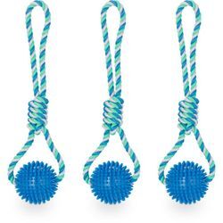 Hundespielzeug Ball mit Seil, 3er Set, Wurfball für Hunde, ø 8,5 cm, Hundeball Zahnpflege, Schleuderball, blau - Relaxdays