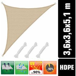 Uv Sonnensegel 3,6x3,6x5,1 hdpe Dreieck Rechtwinklig Sonnenschutz Garten Beige