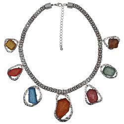 Steuer Modeschmuck Kette Breite Metall Kette altsilberfarben mit 7 bunten Glassteinen