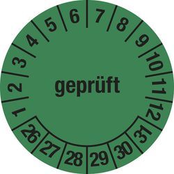 Mehrjahresplakette, geprüft, grün, Dokumentenfolie, Ø 30 mm, VE 10 Stk, 26 - 31