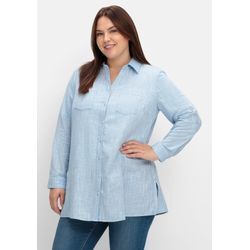 Lange Bluse mit Krempelärmeln, in Leinenoptik, blau, Gr.42