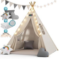 Tipi Zelt für Kinder Indoor 130x130cm Set mit Bodenmatte Kinderzelt Lichterkette Girlande Kissen Spielzelt Baumwolle Holz Tragetasche weiß - Spielwerk