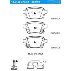 ATE Bremsbelagsatz, Scheibenbremse hinten rechts links mit Zubehör für FIAT VAUXHALL OPEL 95517078 77367914 1605285 13.0460-2793.2