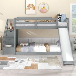 Merax Etagenbett 90x200cm mit Treppe, Rausfallschutz und Rutsche, 3 Schubladen in der Treppe, Kieferholz Kinderbett Stockbett Hausbett Jugendbett,