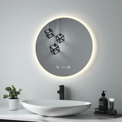 Heilmetz - Badspiegel Rund Spiegel mit Beleuchtung led Badspiegel Touchschalter+Beschlagfrei+Uhrzeit Temperatur Wandspiegel 60cm