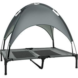 Pawhut - Erhöhtes Hundebett mit Baldachin, Haustierbett, Hundeliege outdoor mit Dach, Atmungsaktiv, Taftstoff für Camping Grau 92 x 76 x 90 cm