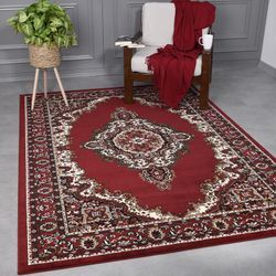 Vimoda - Teppich Orientalisch Muster kurzflor Klassisch Wohnzimmer, Esszimer, Flur- Beige Rot,Ø 160 cm Rund