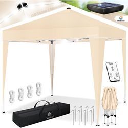 Kesser - Pavillon Faltpavillon 3x3m mit led Beleuchtung Solar Fernbedienung Gartenzelt Höhenverstellbar & Wasserdicht + Tasche Bodenanker Beige