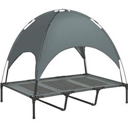 Pawhut - Erhöhtes Hundebett mit Baldachin, Haustierbett, Hundeliege outdoor mit Dach, Atmungsaktiv, Taftstoff für Camping Grau 122 x 92 x 108 cm