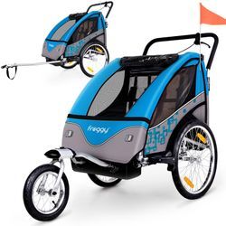 FROGGY Kinder Fahrradanhänger 360° Drehbar mit Federung - 2in1 Joggerfunktion, + 5-Punkt Sicherheitsgurt, Jogger Fahrrad Kinderanhänger für 1 bis 2 Kinder max. 40kg Cyan